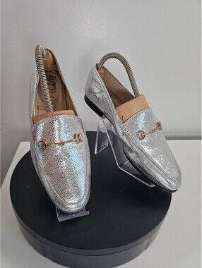 Sam Edelman Silver Metallic Loafers with Gold Buckle Detail